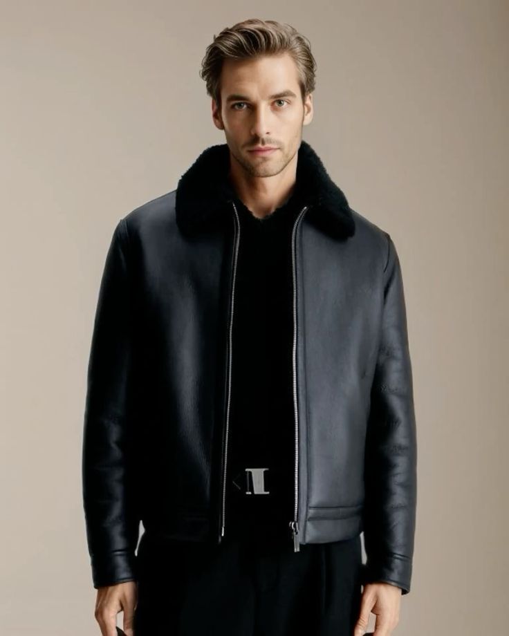 Siyah Shearling Yaka Deri Görünümlü Ceket