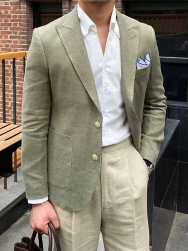 Erkek Açık Haki Keten Blazer Ceket